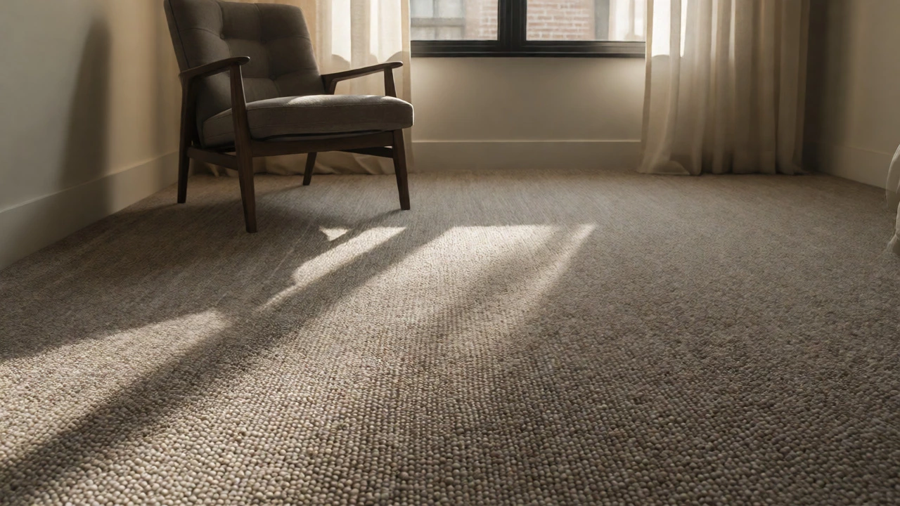Textured low-pile wool carpet in oatmeal shade within a cozy bedroom setting